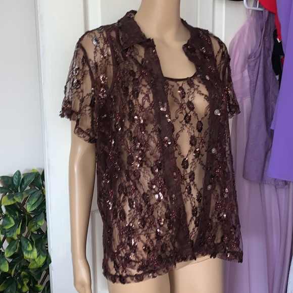 Brown lace sequin beaded button down shirt & Tank top 2 piece Set L - Picture 8 of 12
